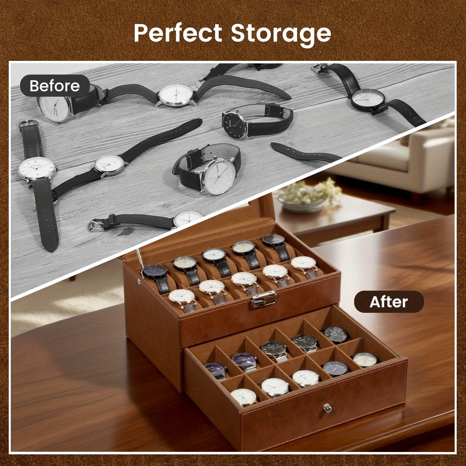20 Slot Watch Box Organizer Double Layer – Solid Glass Cover Velvet Pillow Lining Watch Display Case for Collection Storage Men Women Watch Collector Gift Brown Black Gray