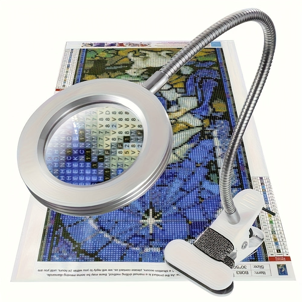 Diamond Painting Magnifier LED Clamp Lamp 10X Hands-Free 5V USB 3 Color Modes 10 Brightness Levels 18'' Flexible Gooseneck for Crafts Sewing Jewelry Making Embroidery Reading Hobby Desk Light