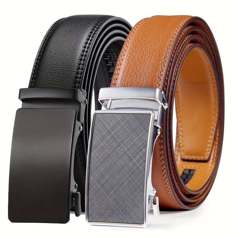 Men's Ratchet Belts 2-Pack – Genuine Leather Cut-to-Fit Dress & Casual Belts for Men, Adjustable Waist 28–52 Inches, Perfect Gift for Him