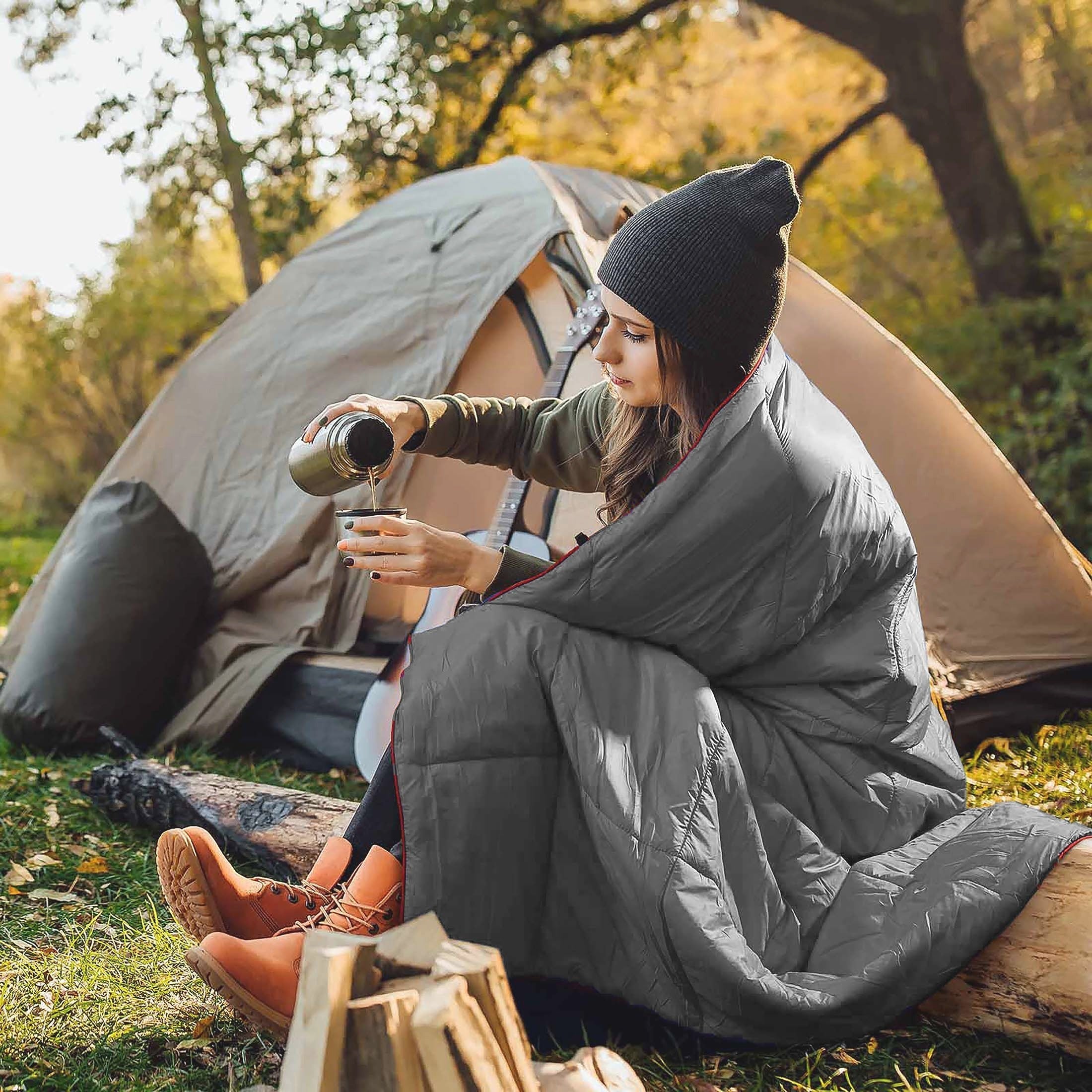 Outdoor Camping Puffy Blanket DWR Water Resistant with 3D Eye Mask – Foldable Lightweight Warm 140x200cm for Camping Travel Car Beach Stadium Festival Hammock Sofa Green Grey Black Blue