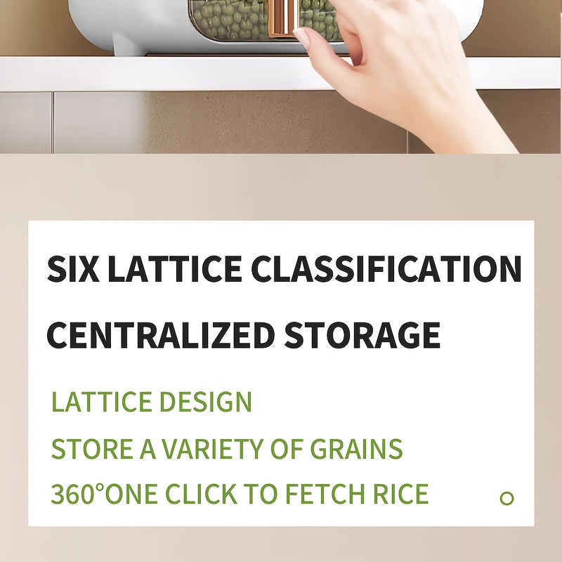 Rotating Cereal Dispenser 6-Grid Large Capacity Airtight Rice Storage Container, Moisture-Proof Insect-Proof Grain Dispenser with Transparent Window & Press Button, Food-Grade PP for Rice Grains Flour