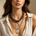Tiger's Eye Beaded Multi-Layer Boho Necklace for Women – Vintage Nautical Compass Pendant Stackable Layered Clavicle Chain Bohemian Natural Stone Statement Jewelry Gift