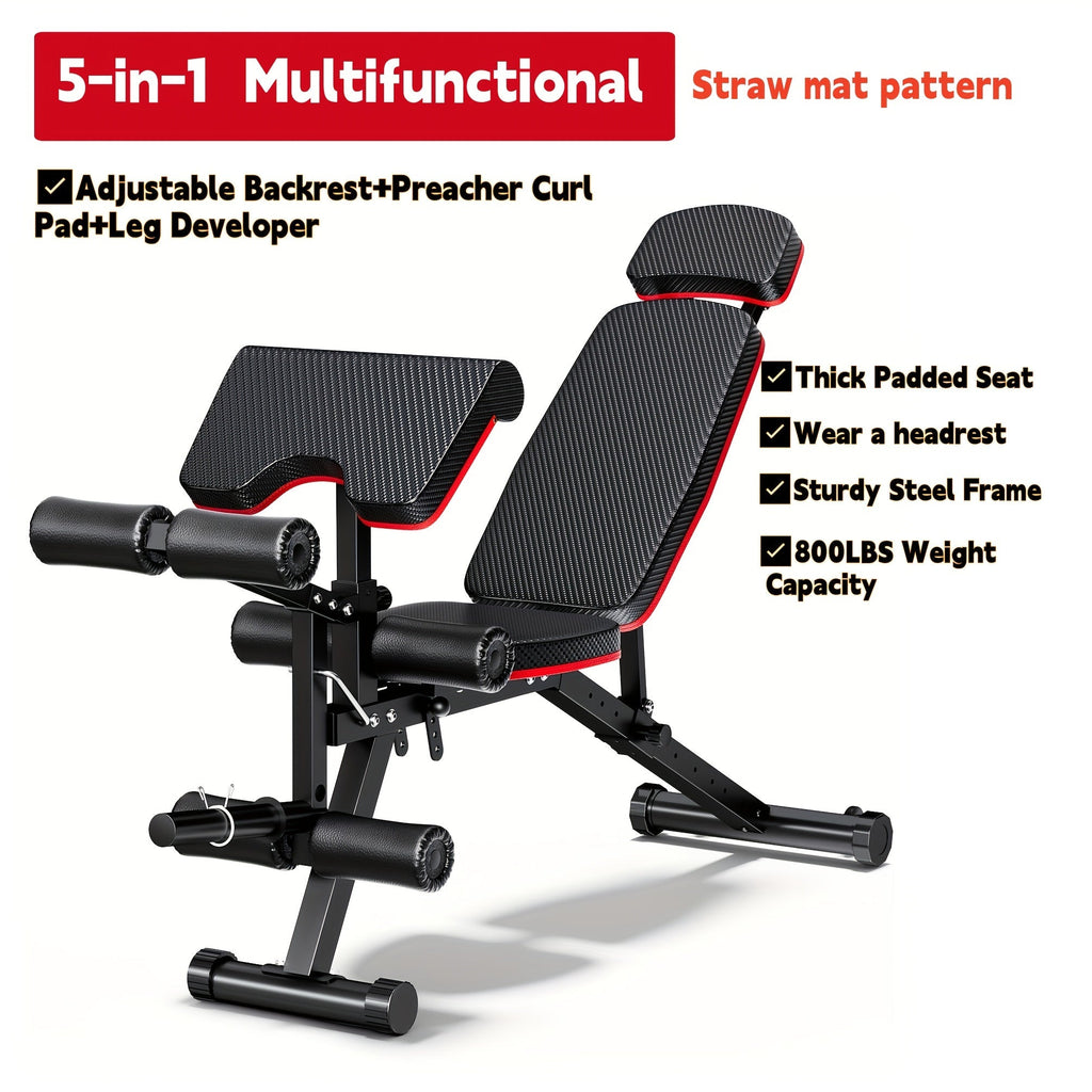 Foldable 6-in-1 Adjustable Weight Bench 770 LBS Home Gym – Flat Incline Decline Strength Training with Resistance Bands Preacher Curl Pad & Leg Developer for Full Body Workouts