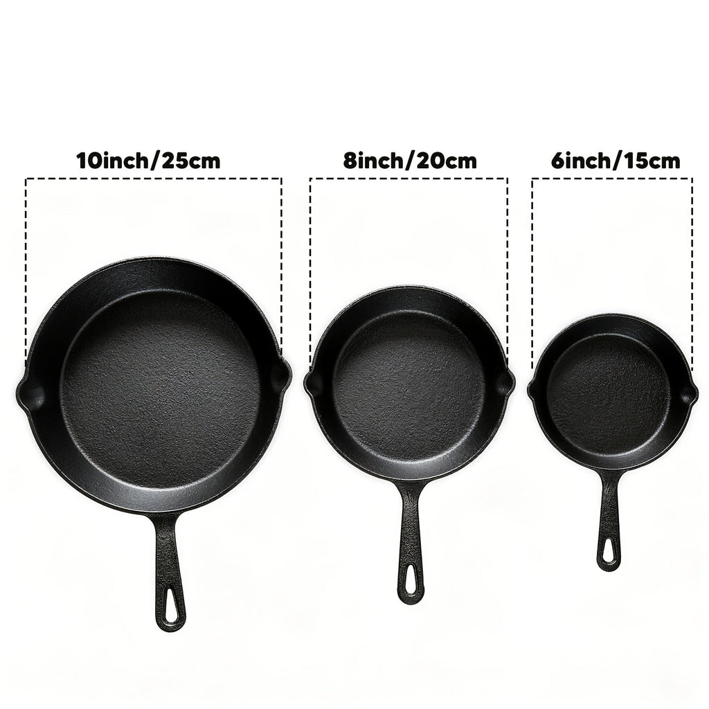 Cast Iron Skillet Set 3-Piece 6 8 10 Inch Pre-Seasoned Non-Stick Heavy Duty Oven Grill Campfire Safe Even Heat for Steak Cornbread Baking – Rustic Kitchen Cookware
