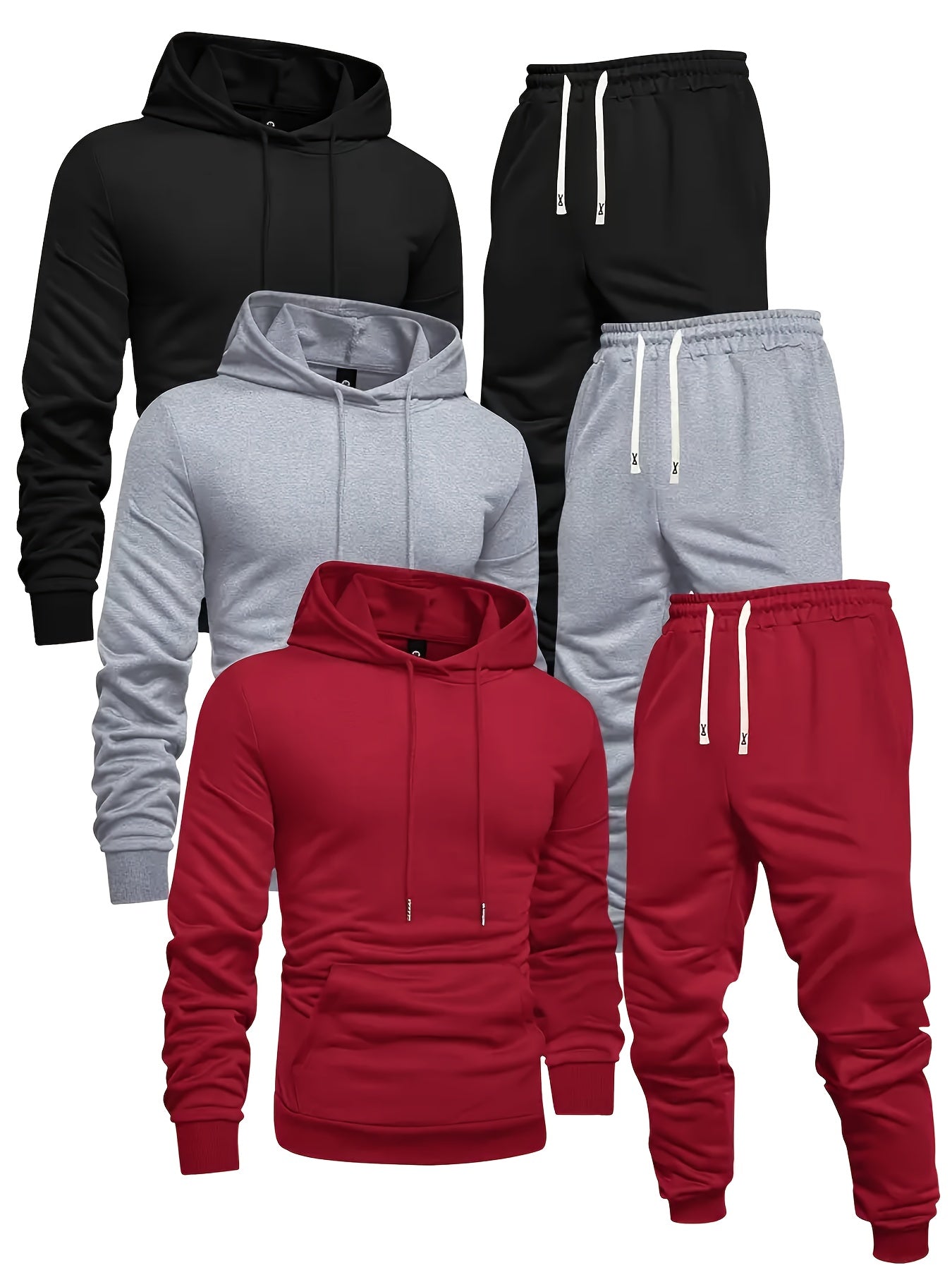 Men's Hoodie Sweatshirt Set 6pcs Casual Tracksuit Long Sleeve Pullover with Drawstring Jogger Pants Knitted Fabric Black Red Gray Solid Color Sportswear for Men Regular Fit Gym Workout Outfit