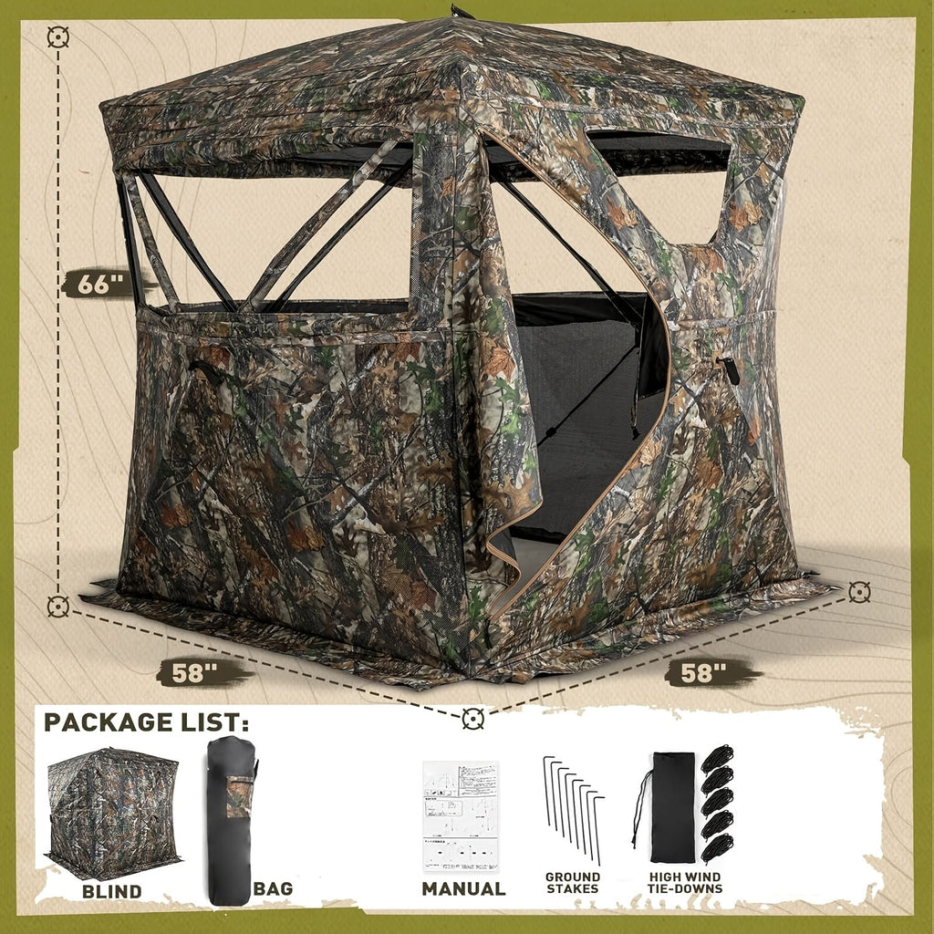 Pop-Up Hunting Blind 2-3 Person – 270° See-Through Design, Camouflage Ground Blind for Deer & Turkey Hunting, Easy Setup with Carrying Case