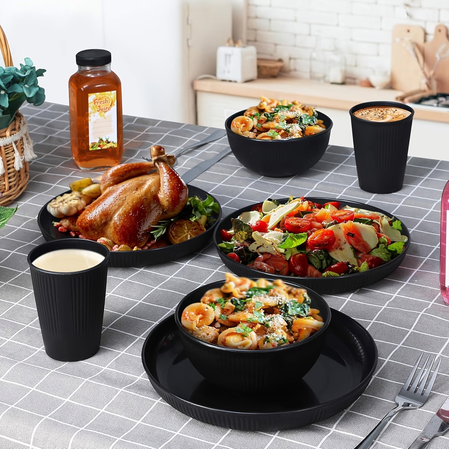 Wheat Straw Dinnerware Set 12/24/36 Piece with Multicolor Option – Reusable Eco-Friendly Unbreakable Plates Bowls & Cups, Dishwasher & Microwave Safe for Camping Picnic Party Outdoor Everyday Use