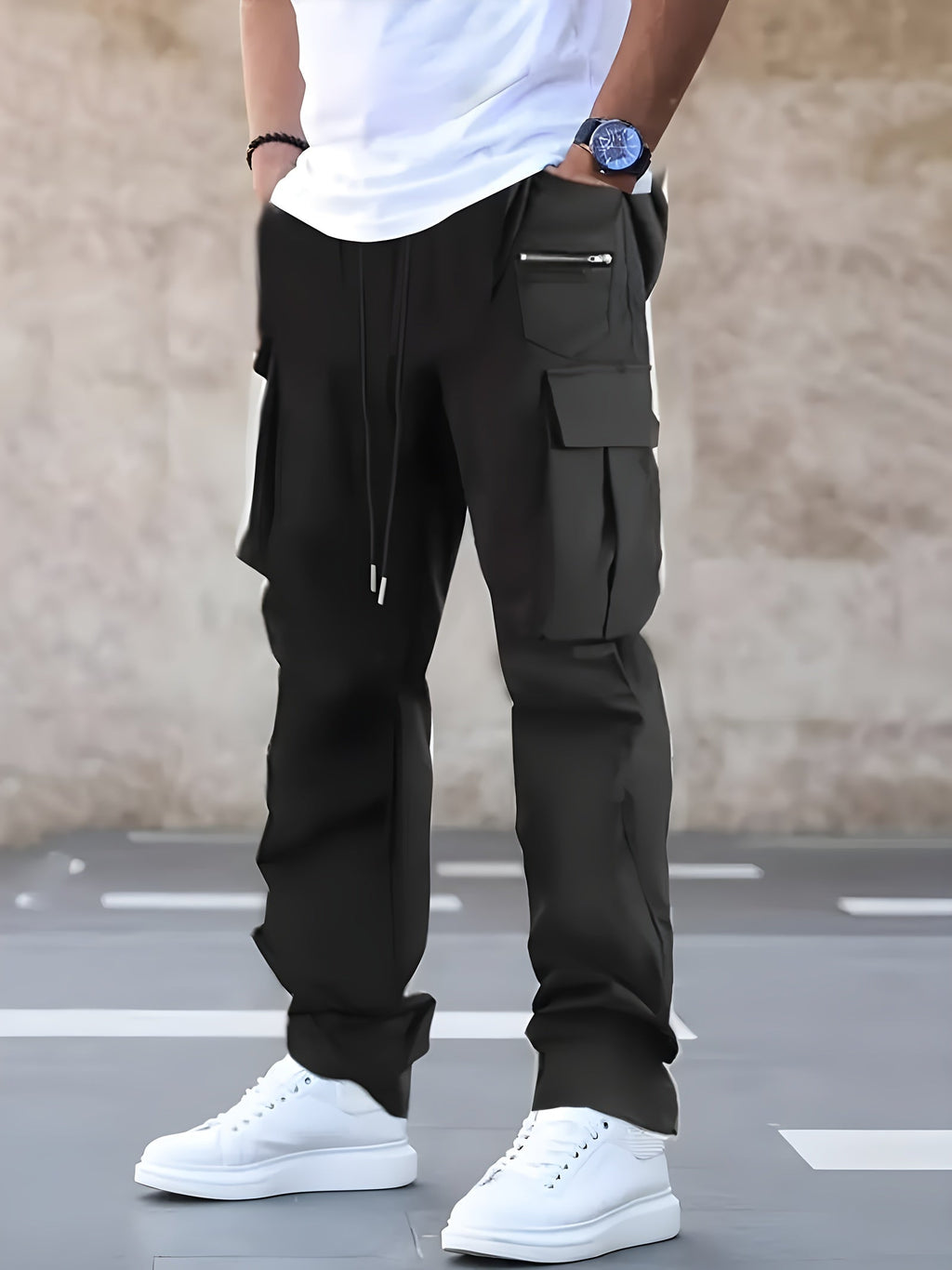 Men's Cargo Pants 2-Pack Multi-Pocket Elastic Waist Drawstring Hiking Trousers Breathable Loose Straight Fit All Season Black Khaki Dark Grey Sizes S-XXL