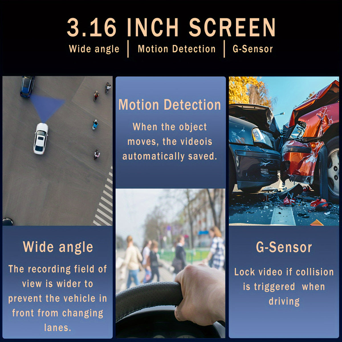 Dash Cam Front and Interior 1080P Front 720P Cabin IR Night Vision Loop Recording Wide Angle Car DVR Camera 3.16 Inch IPS Screen Optional 32GB SD Card for Cars Rideshare Uber Lyft Taxi New Drivers