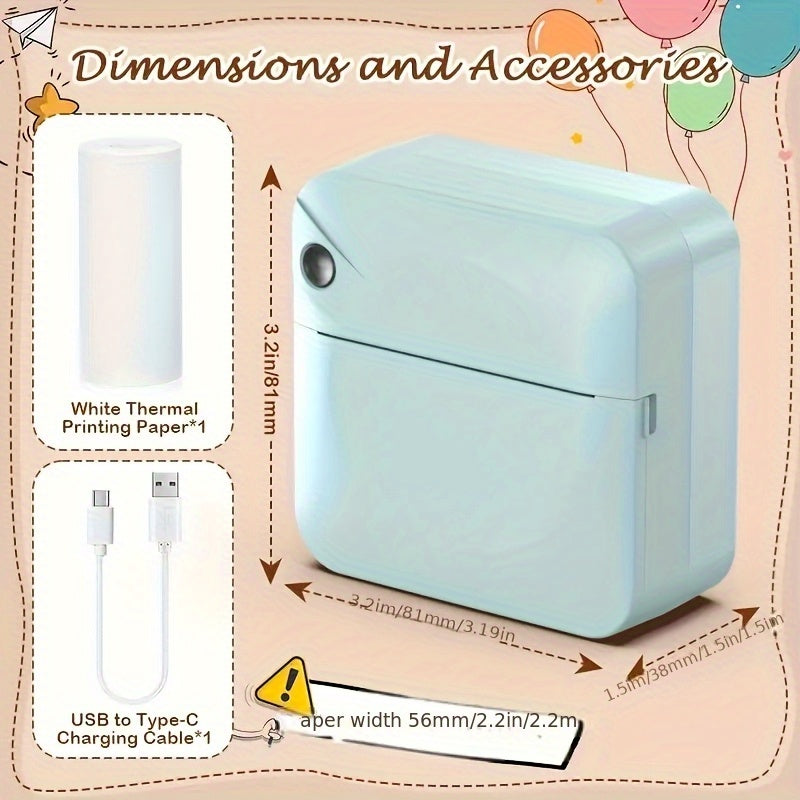 Portable Bluetooth Thermal Printer Mini Pocket Ink-Free Prints Photos Notes Stickers Diaries Labels Rechargeable Includes Thermal Paper Roll Blue Pink Black White