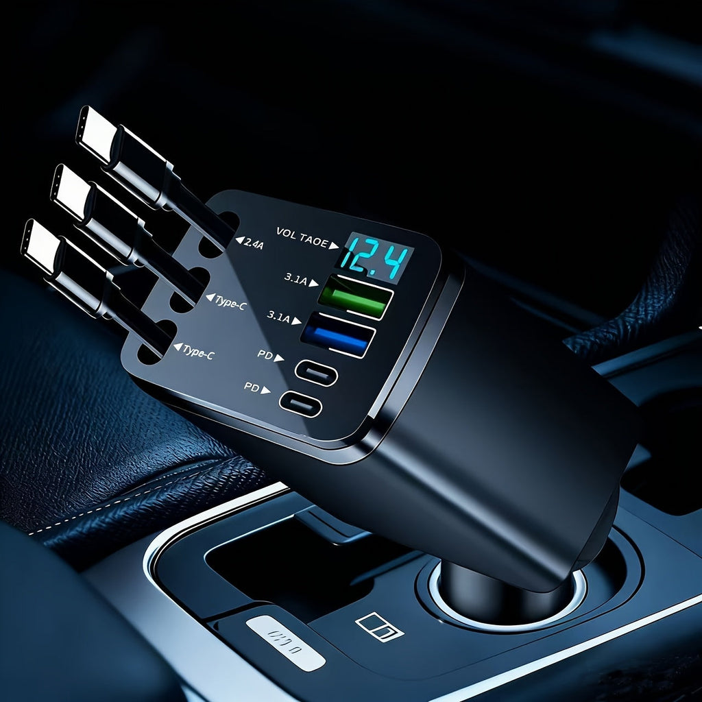 7 in 1 Car Fast Charger with 3 Retractable Cables LED Digital Display 180 Degree Adjustable Multi-Port Car Phone Charger for iPhone Android USB-C Samsung Universal 12V 24V