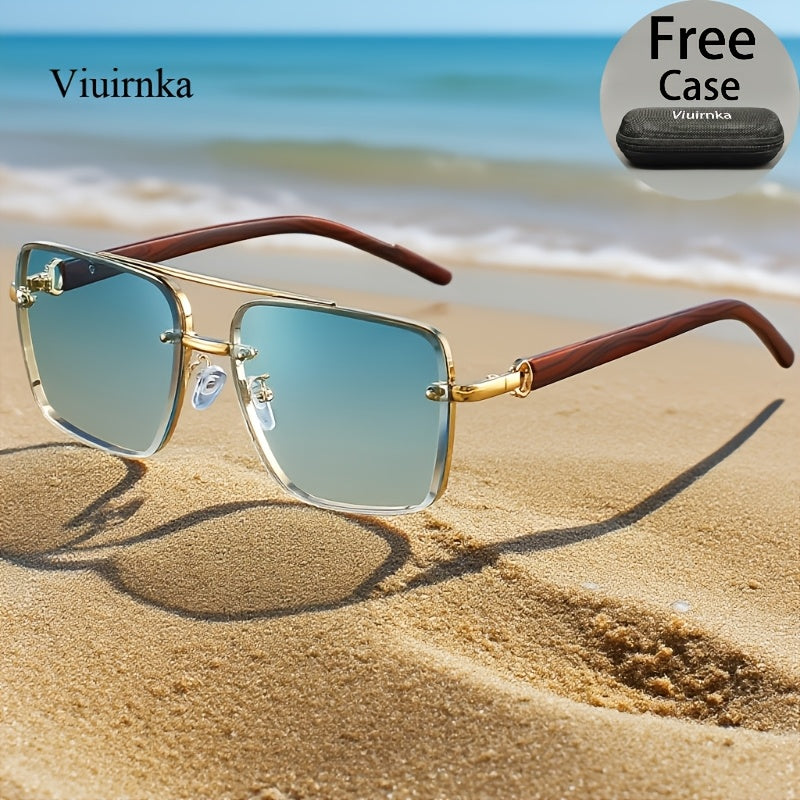 Square Retro Sunglasses Wood Grain Double Beam Unisex – UV Protection Fashion Eyewear with Case 7 Colors for Men Women Driving Travel Beach Street Photography Holiday Gift