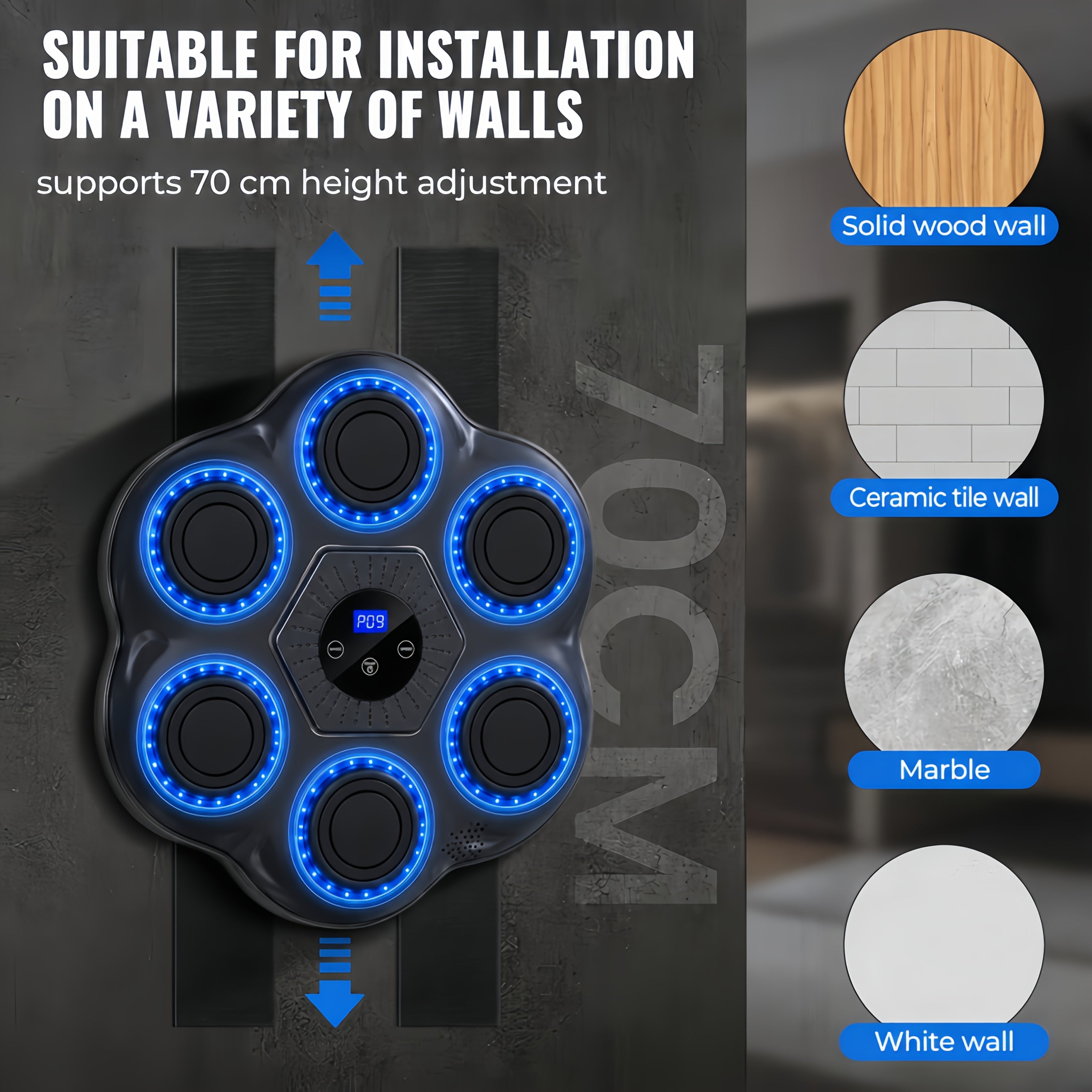Wall Mounted Music Boxing Machine with LED Lights & Wireless Bluetooth – 6 Targets, 9 Modes, 18 Speed Levels, Intelligent Hit Counter, No-Drill Adjustable Mount, Home Gym Punching Trainer with Free Boxing Gloves
