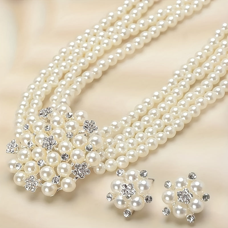 Luxury Bridal Necklace & Earring Set for Women – Silver Plated Beaded Zinc Alloy Wedding Jewelry Set Elegant Dress Accessories Evening Party Stage Performance Bridesmaid Gift