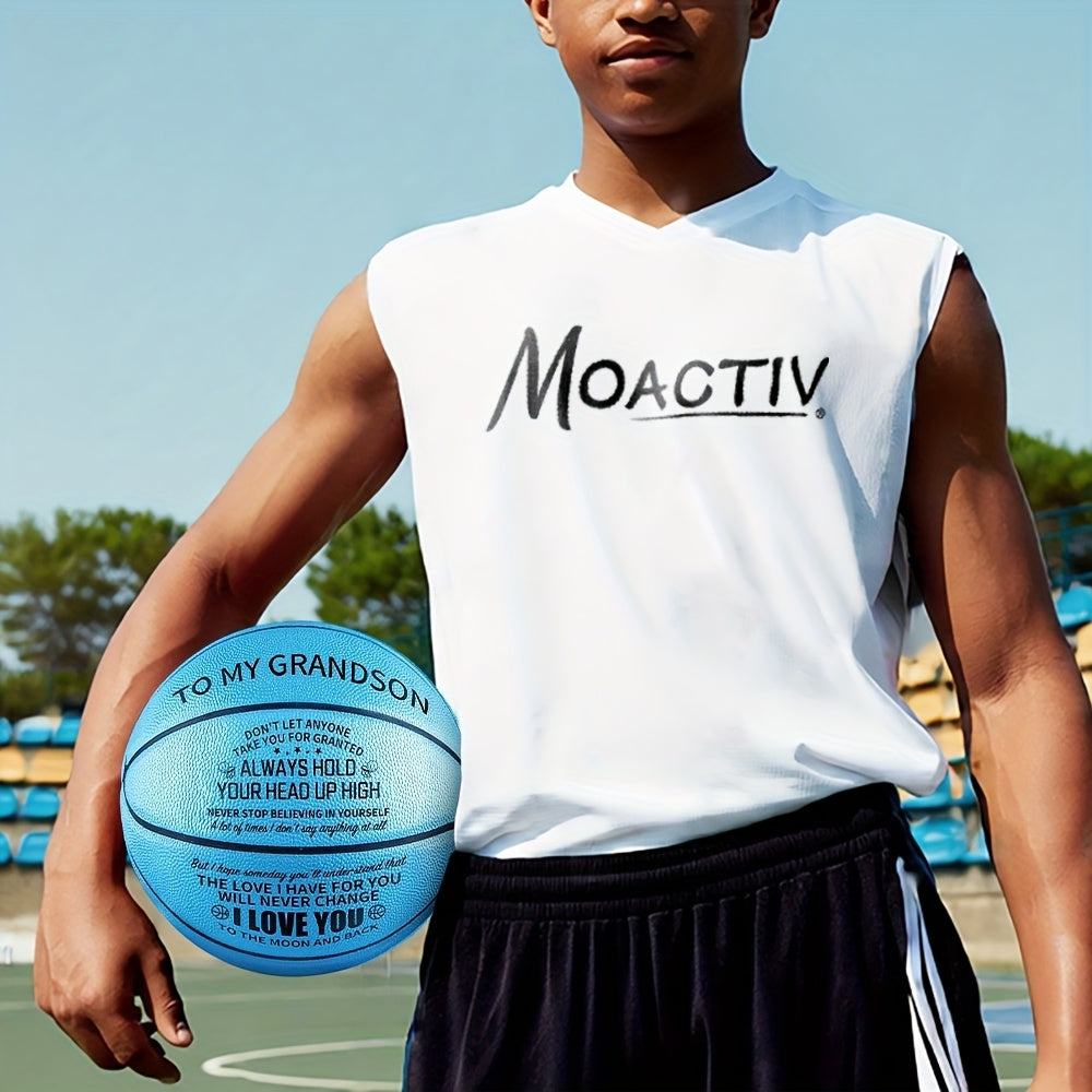 Personalized Engraved Basketball for Grandson & Son – Inspirational Motivational Size 7 PU Basketball with Air Pump, Heartfelt Birthday Christmas Anniversary Gift, Blue Red Gold Black