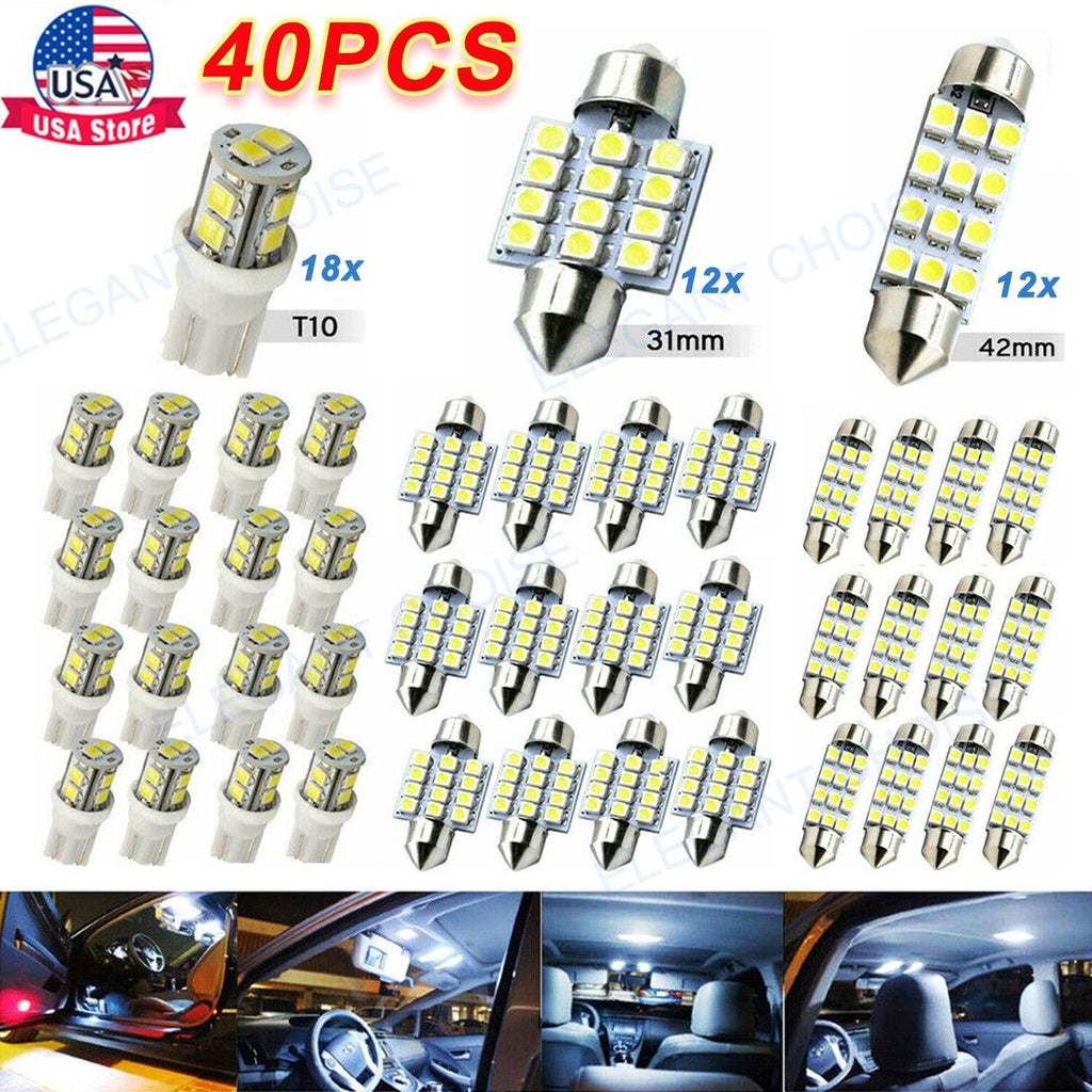 40PCS Car LED Interior Bulb Kit T10 W5W 31mm 42mm Festoon 6000K Cool White 12V No Error Map Dome Door Trunk Courtesy Reading Light Replacement Set for Cars Trucks SUVs