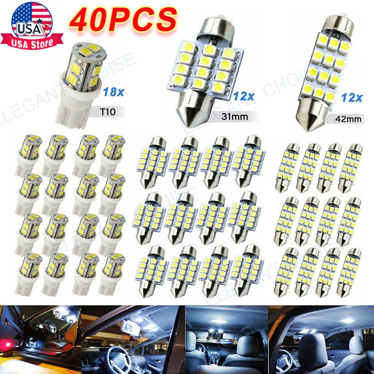 40PCS Car LED Interior Bulb Kit T10 W5W 31mm 42mm Festoon 6000K Cool White 12V No Error Map Dome Door Trunk Courtesy Reading Light Replacement Set for Cars Trucks SUVs