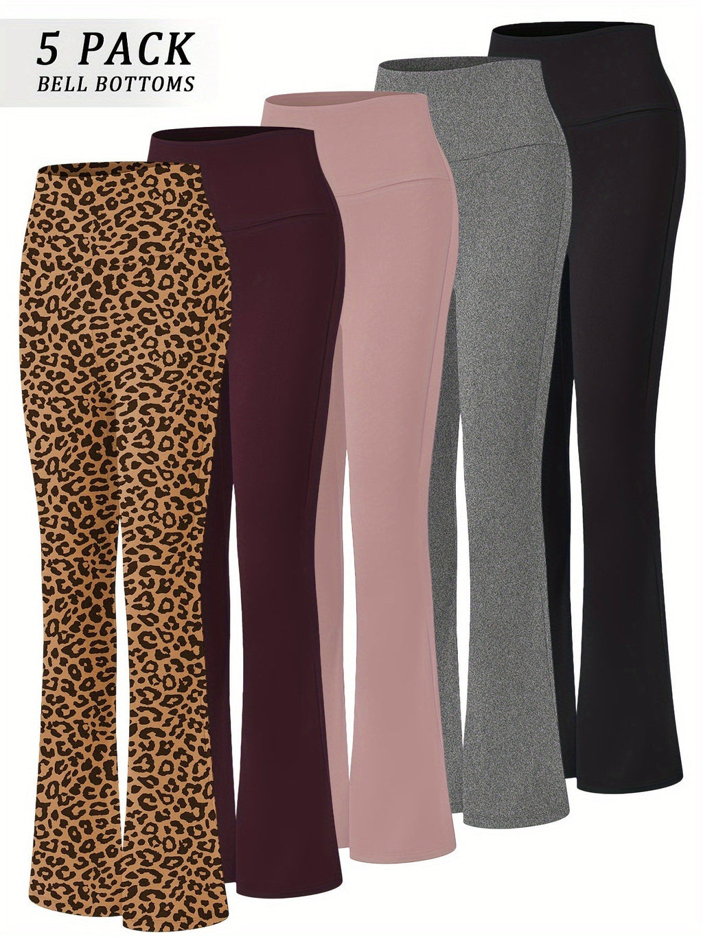 Women's High Waisted Flare Bell Bottom Yoga Pants 5-Pack Tummy Control Full-Length Bootleg Leggings Soft Stretch Wide Leg Pants for Yoga Gym Dance Pilates Year-Round Wear Sizes S-XXL