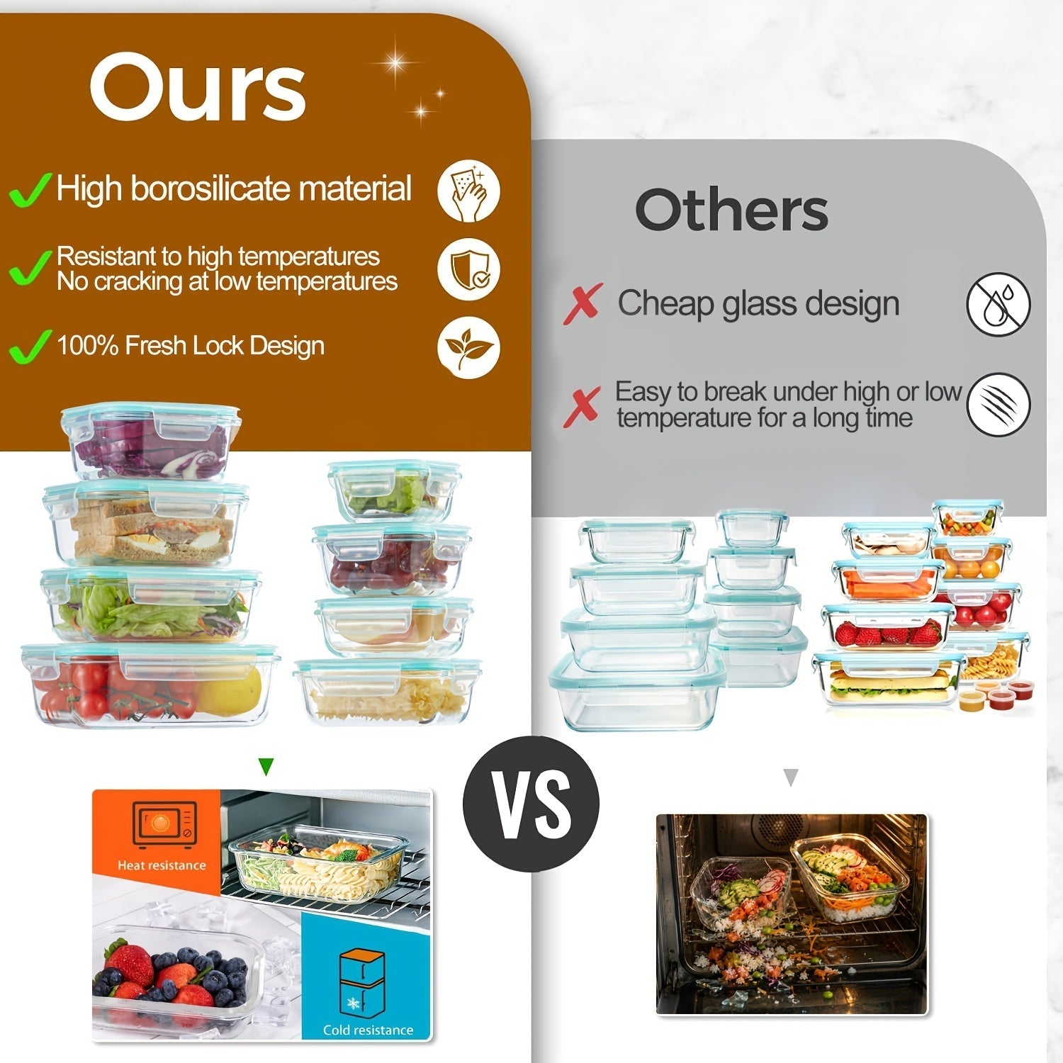 Borosilicate Glass Food Storage Containers 16-Piece Set 8 Sizes – Leak-Proof Lids, Oven Safe to 752°F, Microwave Dishwasher Freezer Safe, Stackable Meal Prep Containers for Leftovers & Lunch