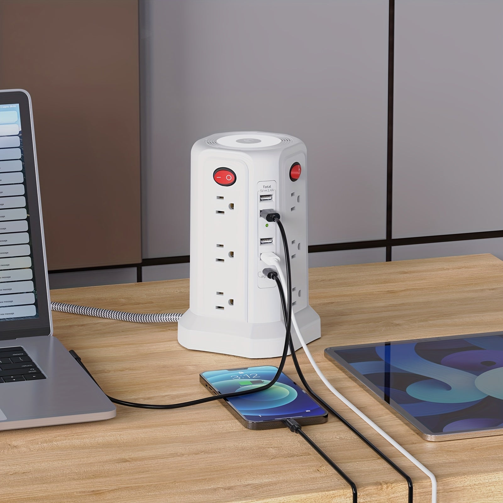 Tower Surge Protector Power Strip 12 Outlets 5 USB Ports PD 18W USB-C Fast Charging 10FT Extension Cord 1800J Surge Protection 4 Independent Switches Home Office Desk Dorm Room Vertical Design