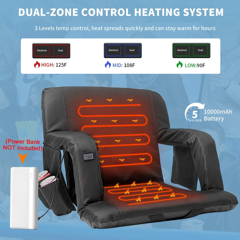 LILYPELLE Double Heated Stadium Seat with Back & Arm Support – Portable Bleacher Seat with 6 Reclining Positions, USB Heated Cushion for Sports Events, Outdoor Games, Travel & Hiking (Power Bank Not Included)