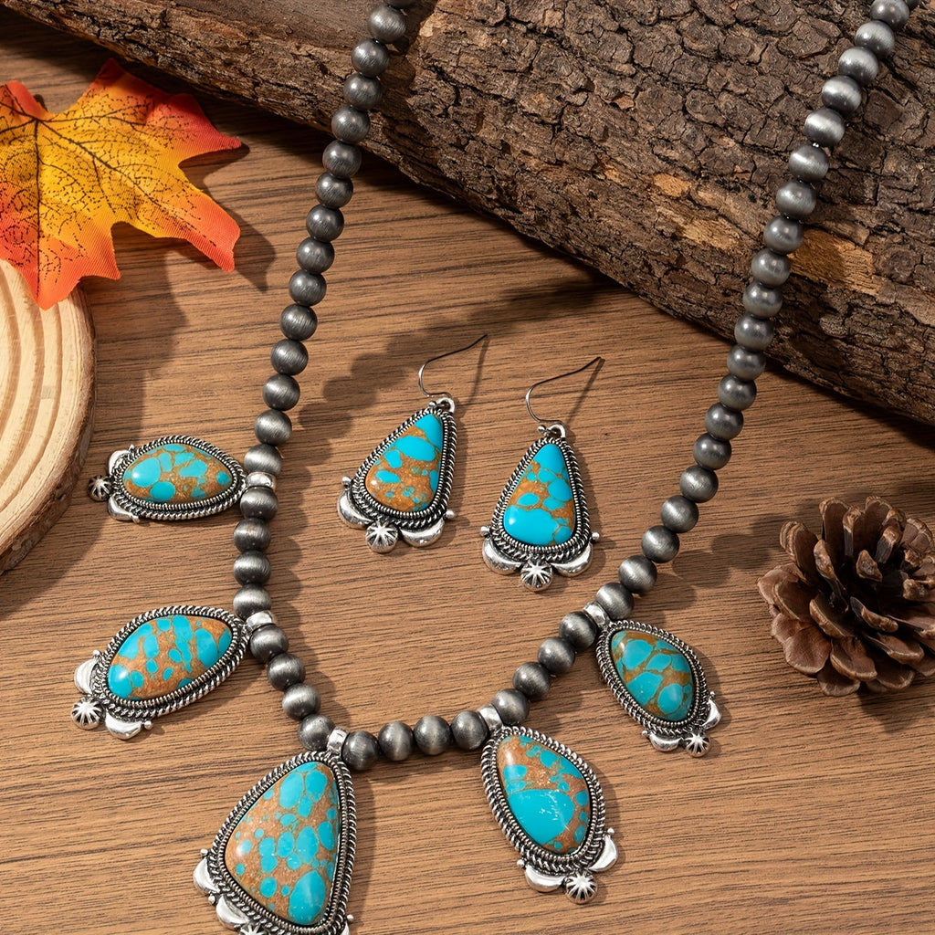 Vintage Boho Turquoise & Orange Beadwork Earrings Necklace Set for Women – Ethnic Zinc Alloy Jewelry for Everyday Holiday Festival Gift