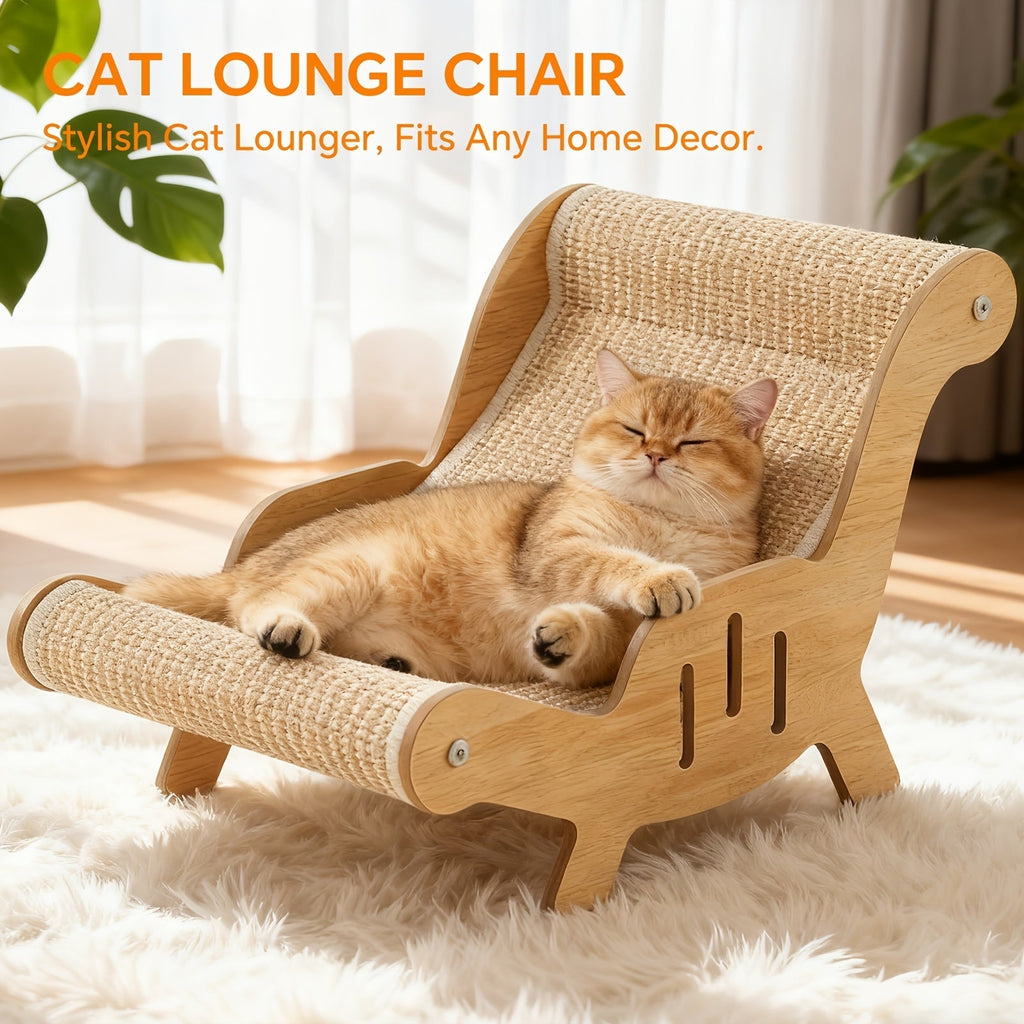 Elevated Cat Lounger Chair with Sisal Scratching Pad Cat Hammock Bed Beach Chair Style Indoor Nap Lounge Furniture Cozy Elevated Cat Bed