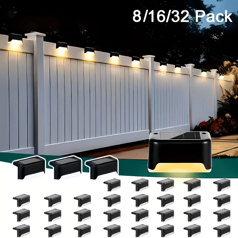 Solar LED Deck Lights Outdoor Stair Step Lights Auto On Off Dusk to Dawn 12 Hour Warm White 3500K for Fence Pathway Patio Balcony Yard Weatherproof ABS Pack of 8 16 or 32 No Wiring Required