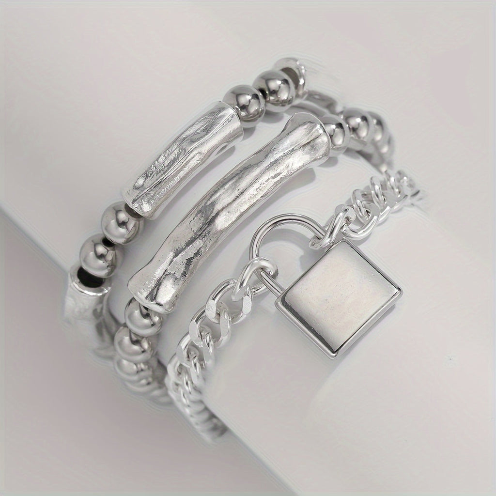 3pcs 925 Sterling Silver Beaded Punk Bracelet Set with Lock Pendant – Exquisite Stackable Edgy Silver Wrist Jewelry for Women Men Teens, Party Festival Daily Wear Gift