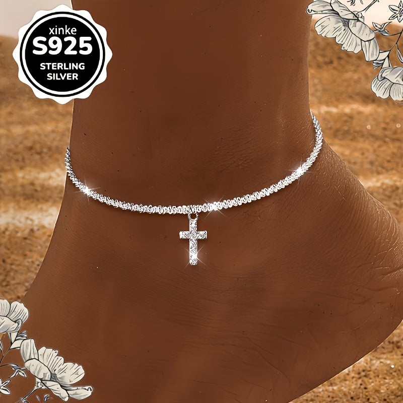 S925 Sterling Silver Cross Anklet Women – Synthetic Diamond Bohemian Beach Vacation Jewelry Adjustable Clasp Casual Outfit Accessory Gift for Valentine's Day Mother's Day Birthday
