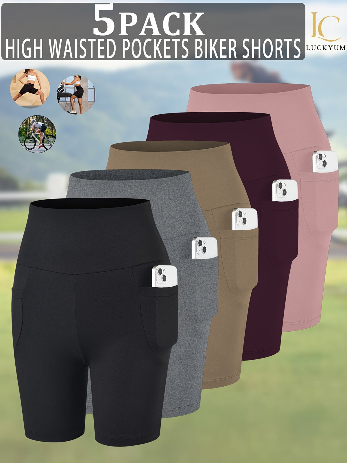 Women's High Waisted Biker Shorts 5 Pack with Pockets | Tummy Control No See-Through | 6" Inseam Workout Running Yoga Athletic Shorts | Soft Stretch | XS-XXL | Mixed Colors