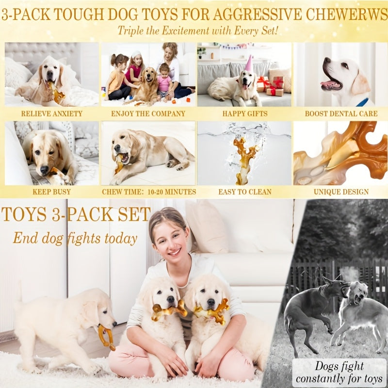 3-Pack Indestructible Nylon Dog Chew Toys for Aggressive Chewers Large Breed Stripe Pattern Heavy-Duty Teething Dental Chew Toy Set