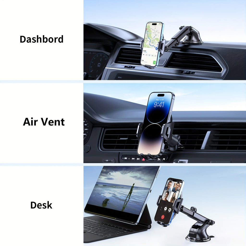 3-in-1 Car Phone Mount – Super Suction Dashboard & Air Vent Holder with Telescopic Arm, Adjustable Cradle & Quick Release for All Phones, Durable Metal Hooks