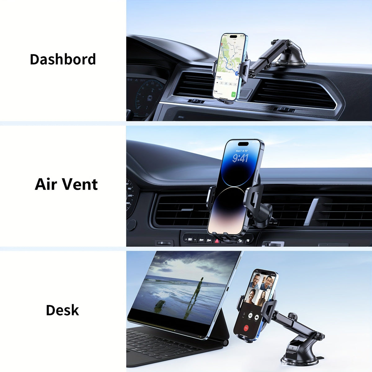 3-in-1 Car Phone Mount – Super Suction Dashboard & Air Vent Holder with Telescopic Arm, Adjustable Cradle & Quick Release for All Phones, Durable Metal Hooks