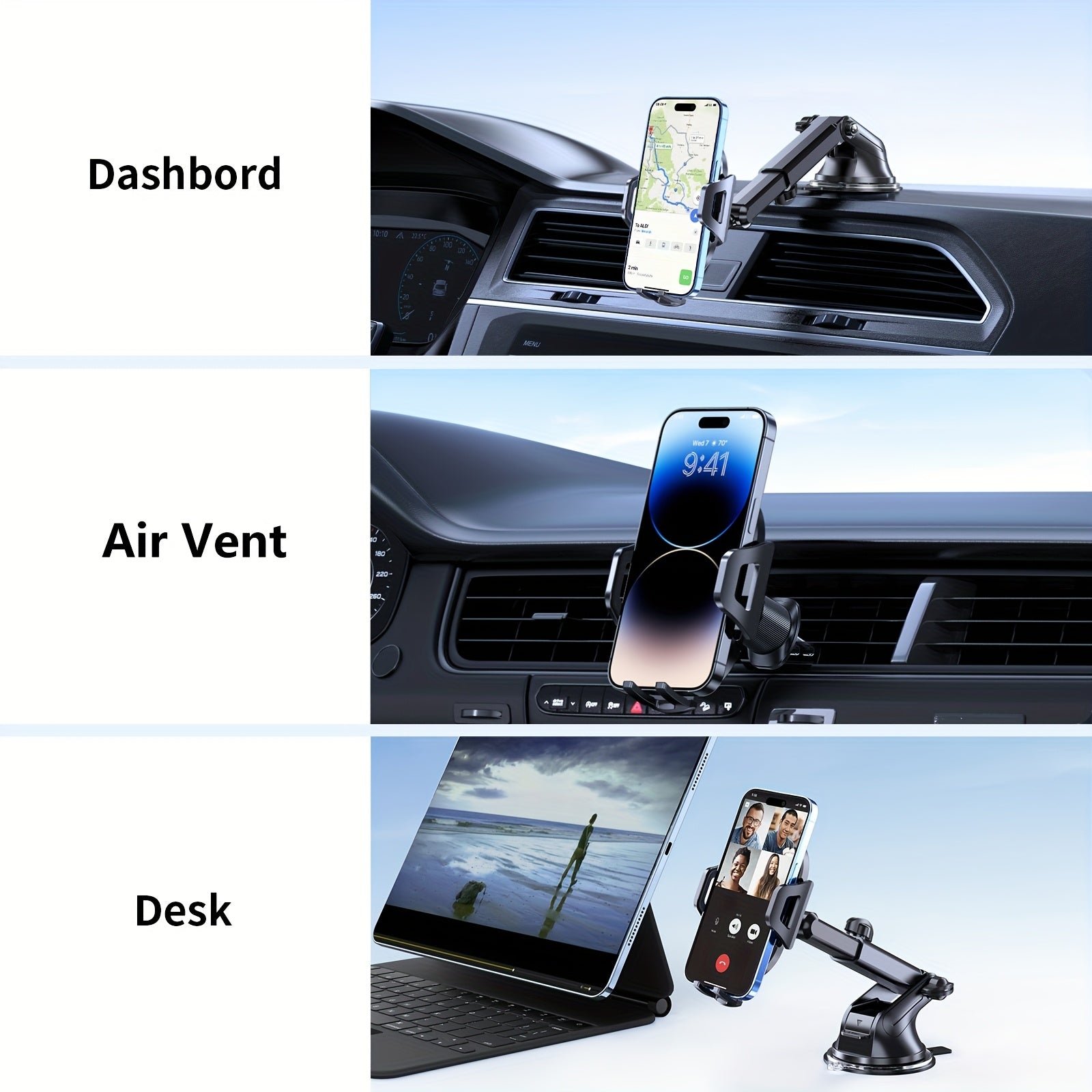 3-in-1 Car Phone Mount – Super Suction Dashboard & Air Vent Holder with Telescopic Arm, Adjustable Cradle & Quick Release for All Phones, Durable Metal Hooks