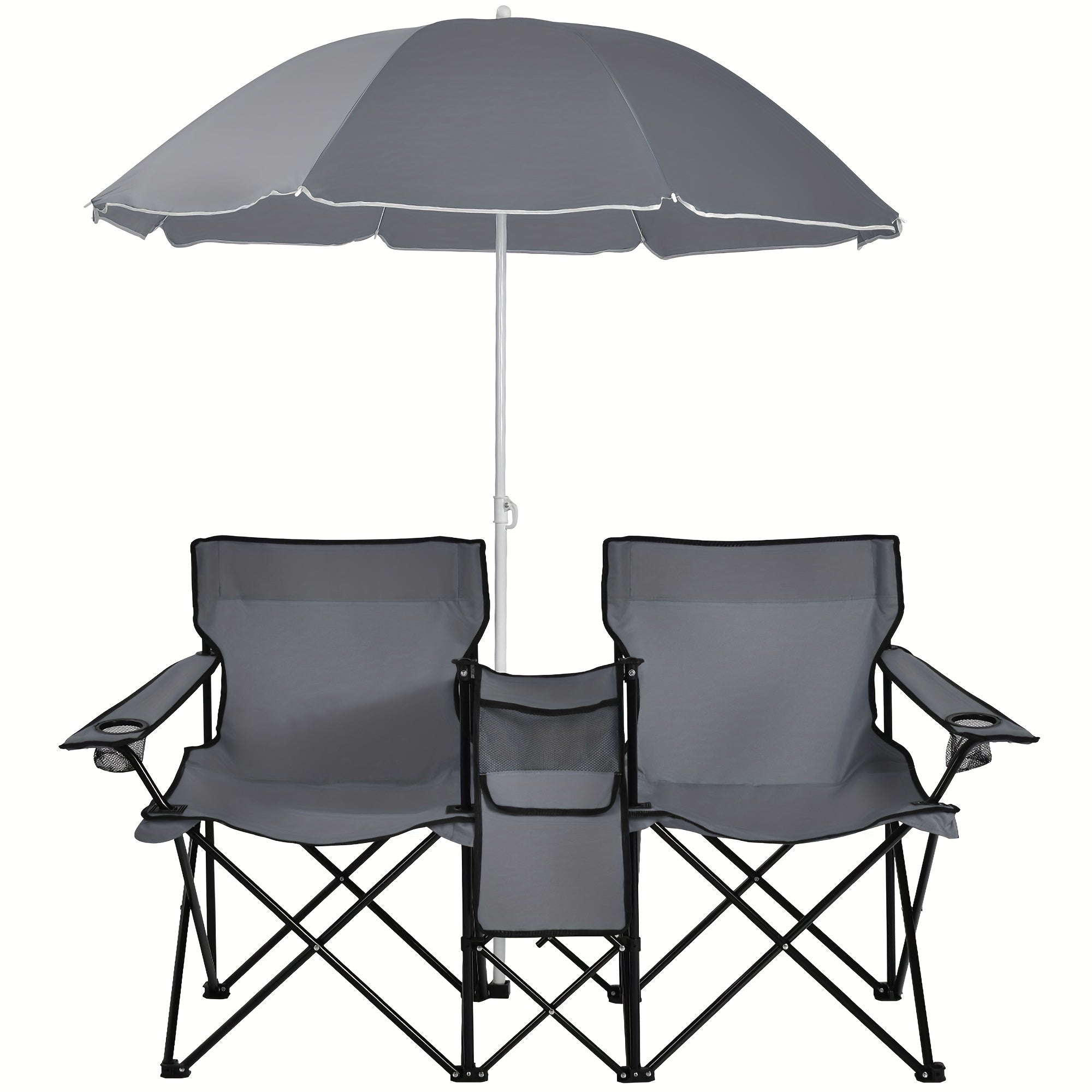 2-Person Folding Beach Chair Set with 59" Umbrella, Cooler Bag & Side Table – 600 lb Capacity Portable Loveseat for Beach, Camping, Picnic & Tailgate, Compact Collapsible Outdoor Chair