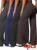 4-Piece Women's Yoga Outfit Set – High Waist Wide Leg Flare Pants, 90% Polyester Stretch Knit Fabric, Pilates & Fitness Activewear for Spring Summer Fall, Sizes S–XXL