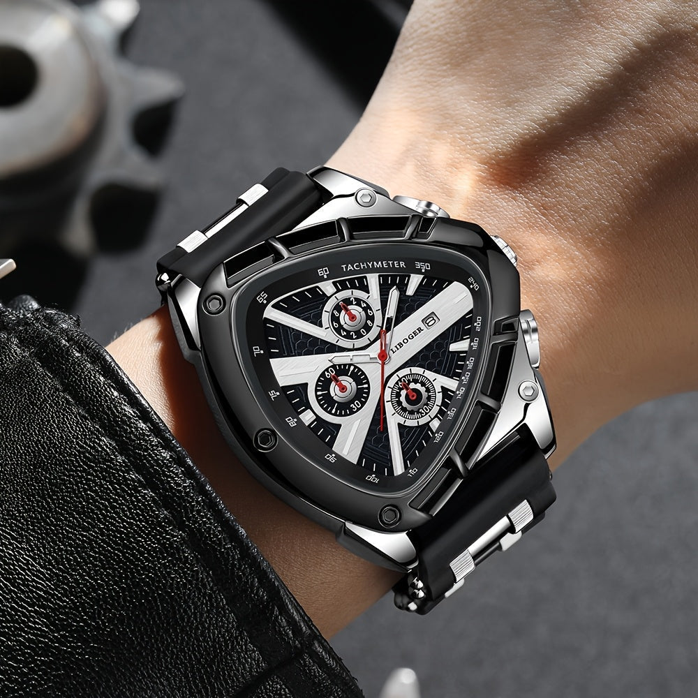 2pcs Men's Watch Set Sports Triangle Dial Silicone Strap and Retro Square Dial Quartz Watches with Date Display Dress Watch for Casual Valentine's Father's Day Gift