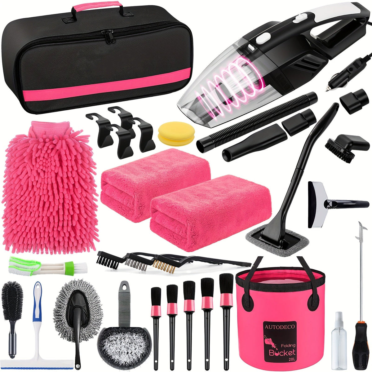 41-Piece Car Wash Detailing Kit with 120W Handheld Vacuum Cleaner Foldable Bucket Windshield Tool Tire Brush Snow Shovel Interior Exterior Complete Car Care Set Pink Black Blue