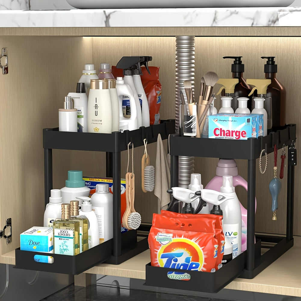 Under Sink Organizer Set of 2 – Dual-Tier Sliding Basket Drawers with 8 Hooks, Bathroom Cabinet Storage Solution for Under Counter Organization, Kitchen & Bath Versatile Shelf Baskets, Black White Gray