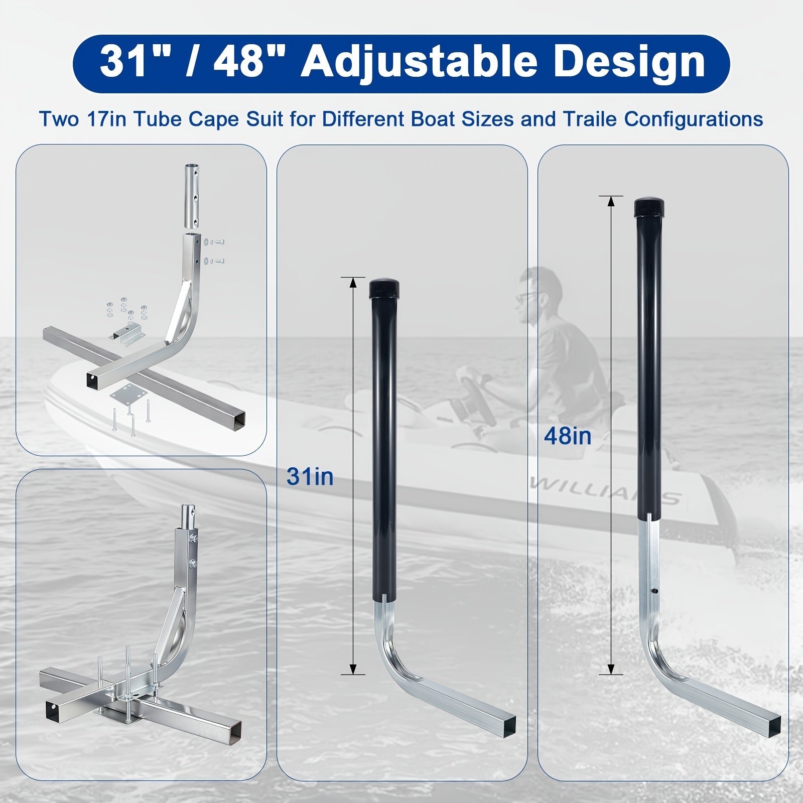 L-Shaped Adjustable Boat Trailer Guide Poles 31–60" – Galvanized Stainless Steel with Black PVC Sleeves, Corrosion-Resistant Trailer Guide Ons for Ski Boat Fishing Boat Sailboat, Black or White