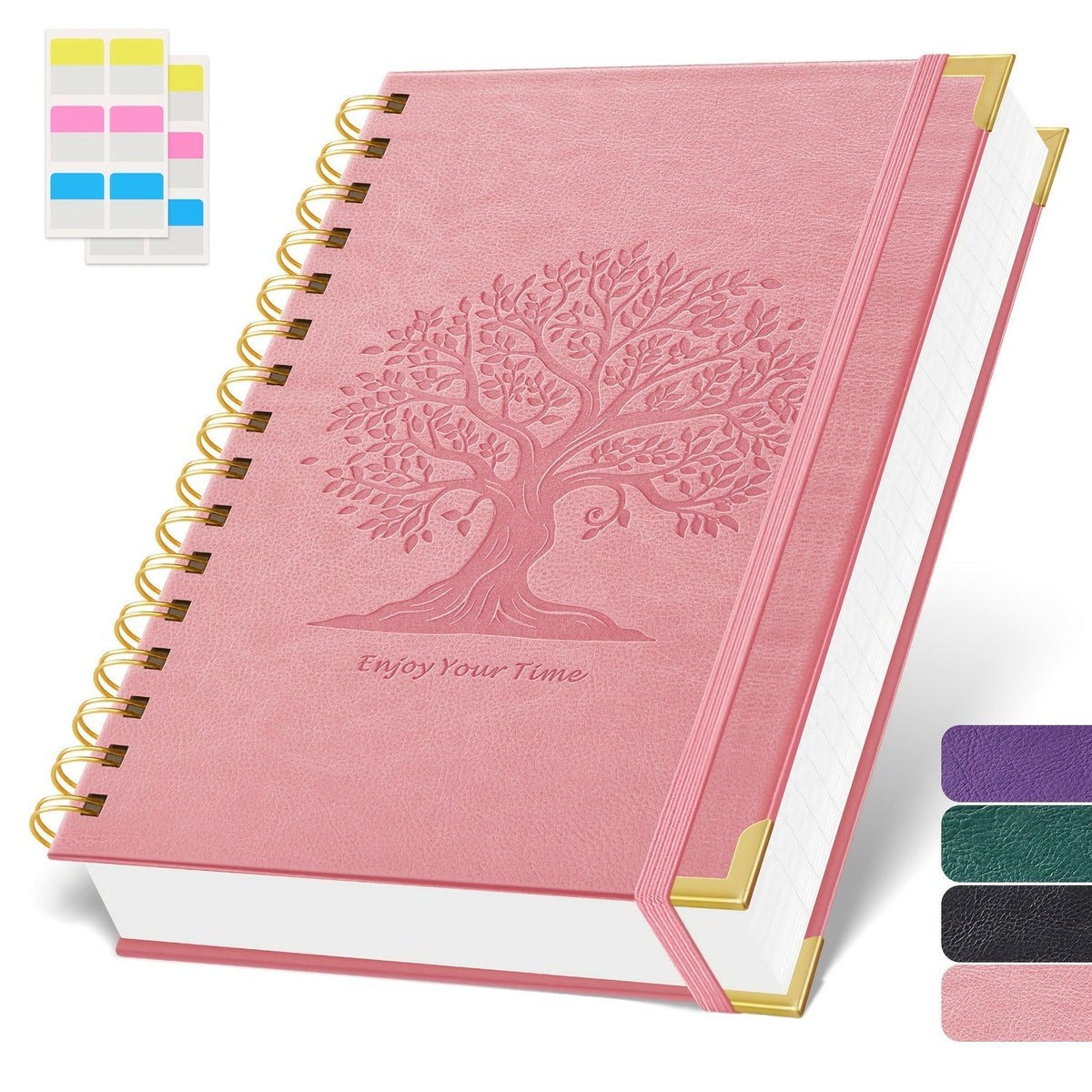 A5 Spiral Notebook Hardcover 300 Pages – Thick 100GSM No Bleed-Through Paper, Leather Cover Journal for College, Work & Writing – For Men & Women (Pink, Black, Green, Purple)