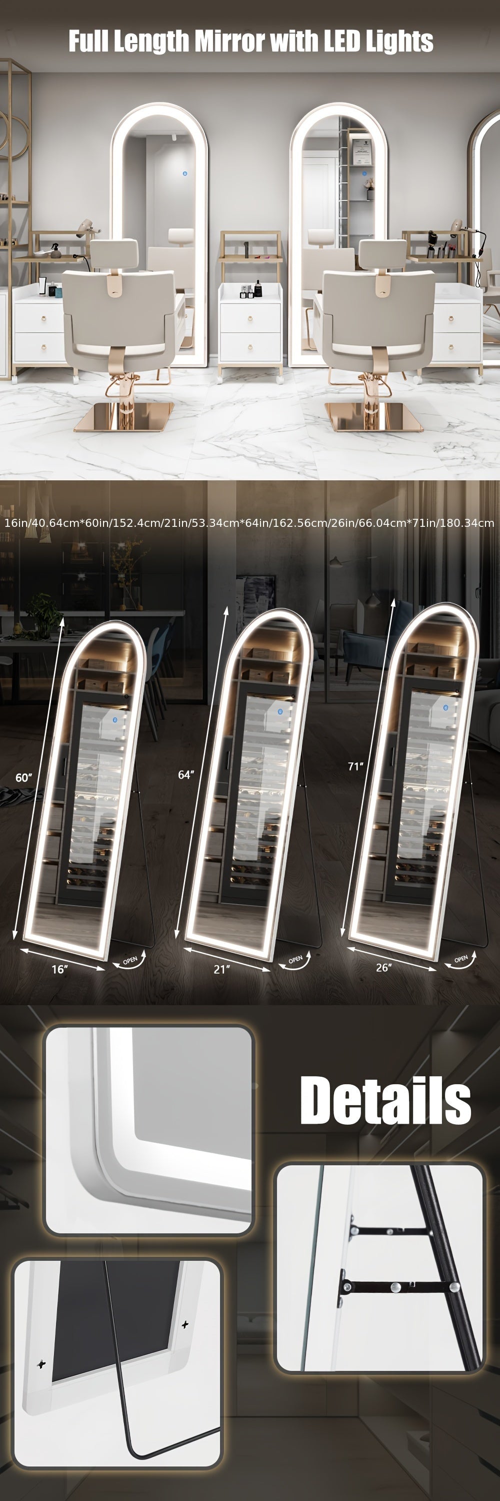 Full Length Floor Mirror with LED Lights - Arched & Rectangle Top, Aluminum Frame, 71" Standing Dressing Mirror for Bedroom & Living Room, Black Gold White, 5mm Tempered Glass