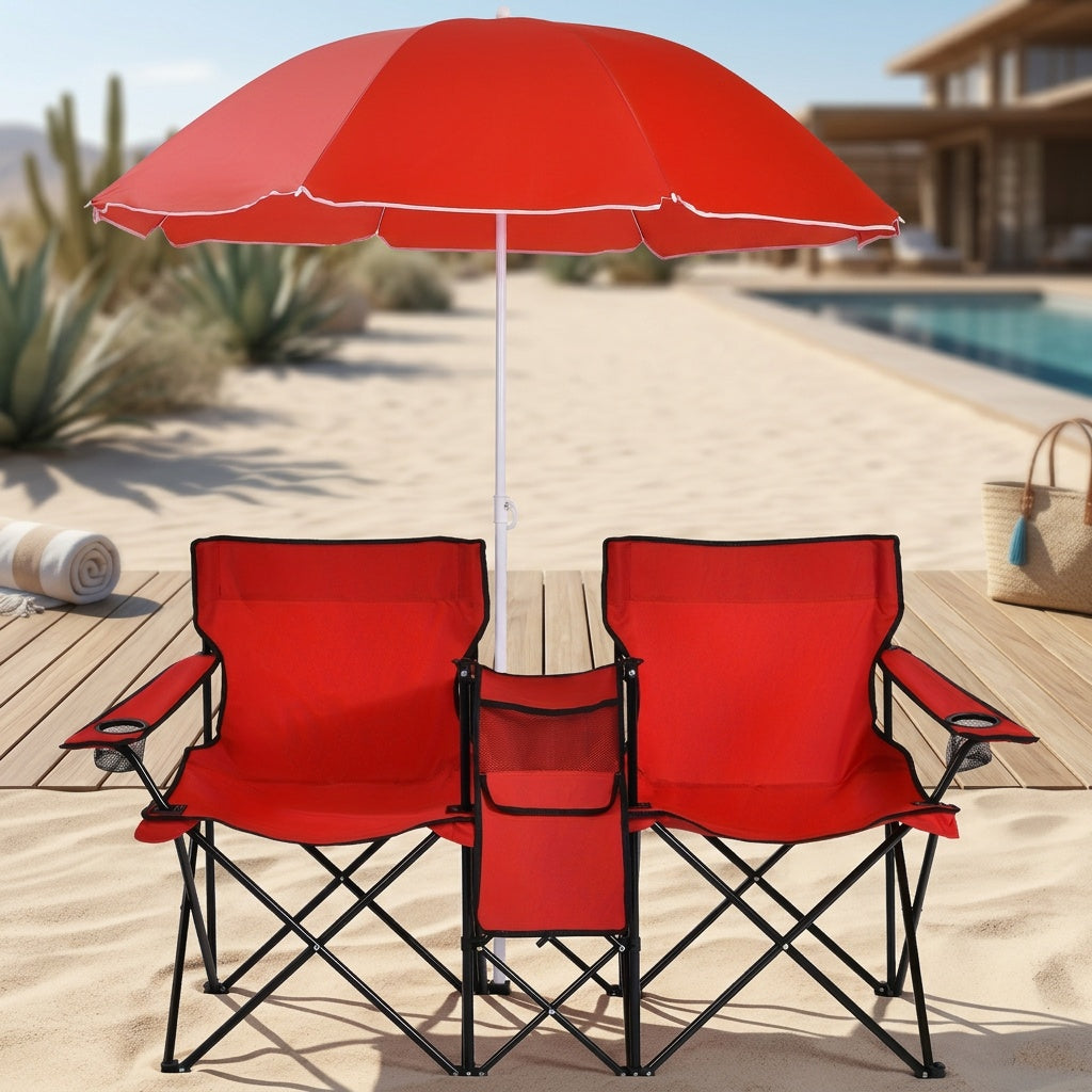 2-Person Folding Beach Chair Set with 59" Umbrella, Cooler Bag & Side Table – 600 lb Capacity Portable Loveseat for Beach, Camping, Picnic & Tailgate, Compact Collapsible Outdoor Chair