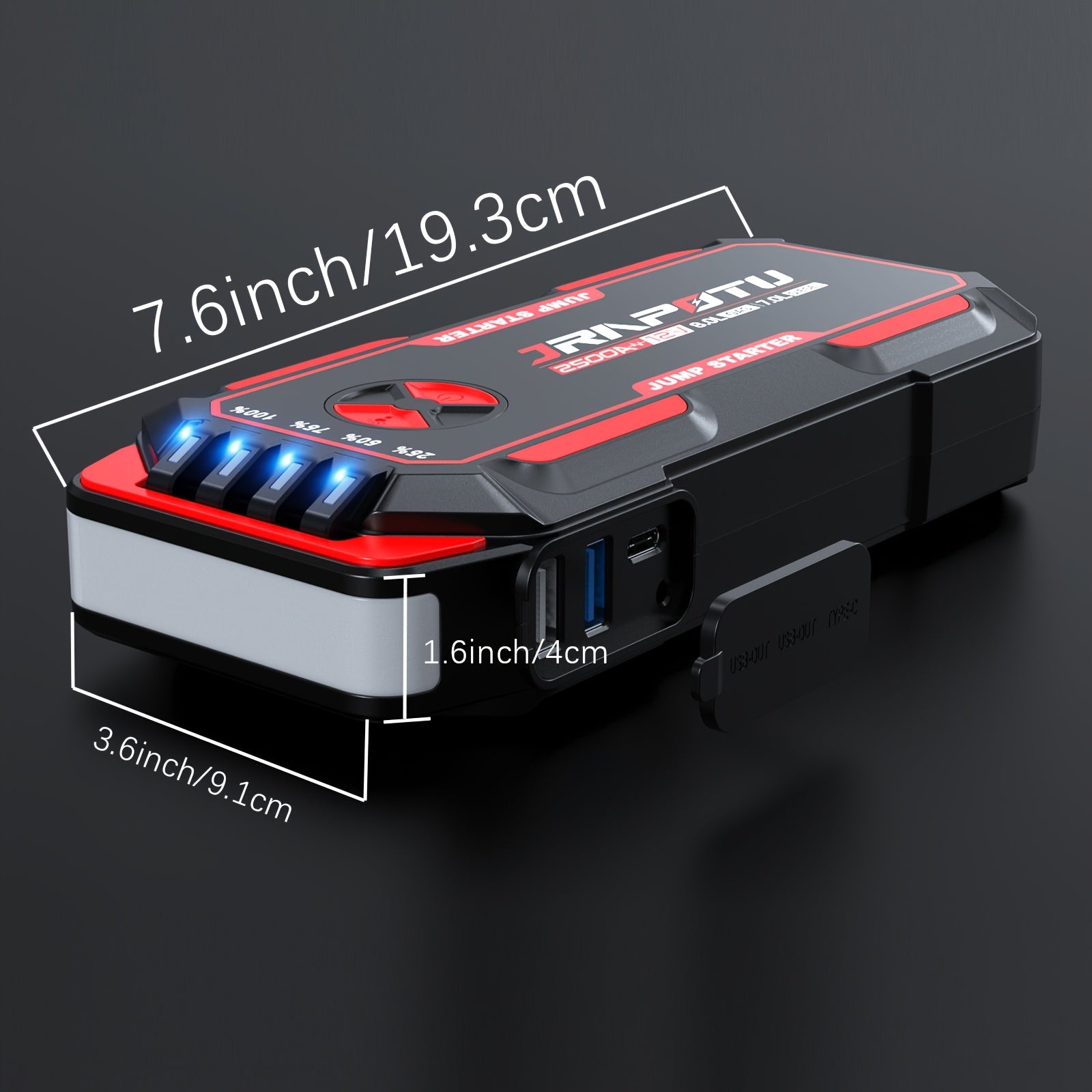 Portable Car Jump Starter 2500A Peak | 8000mAh-10000mAh 12V Battery Booster Pack, Up to 30 Starts, USB Charging Ports & LED Flashlight – Fits Gas 7.0L & Diesel 8.0L Engines, Trucks, SUVs, Motorcycles