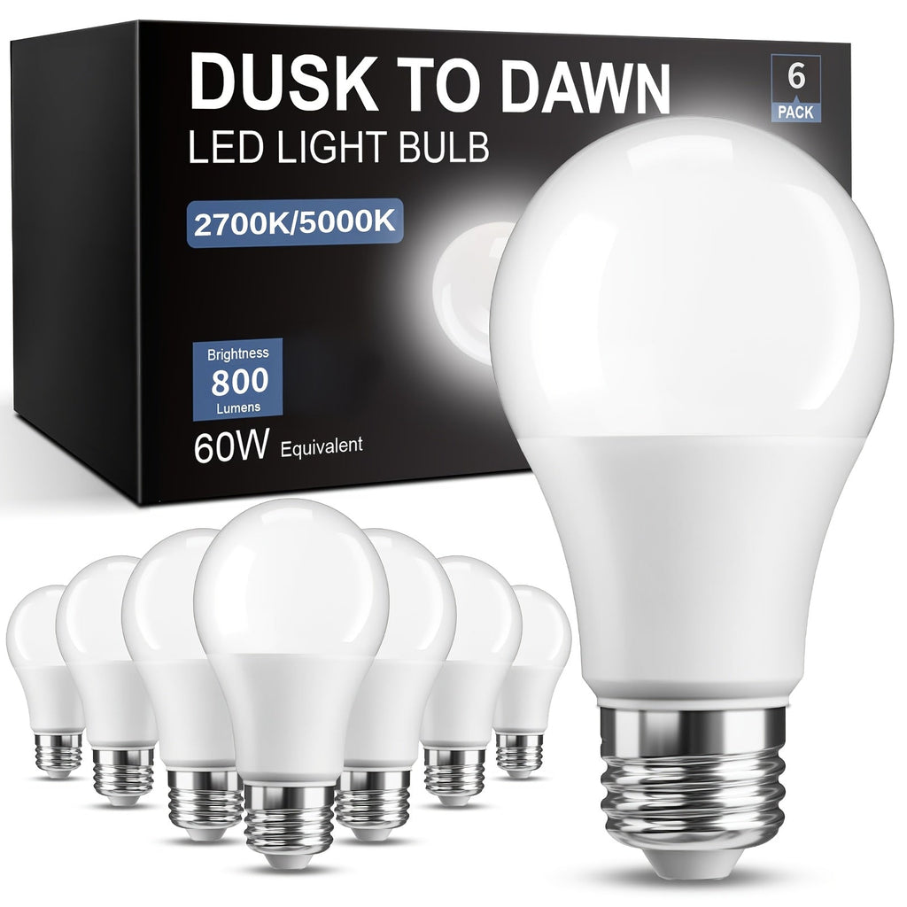 Dusk to Dawn LED Bulbs 6 & 12 Pack – 9W 60W Equivalent E26 Base, Auto On/Off Light Sensor, 5000K Daylight & 2700K Warm White, Energy Saving Indoor Outdoor Lighting