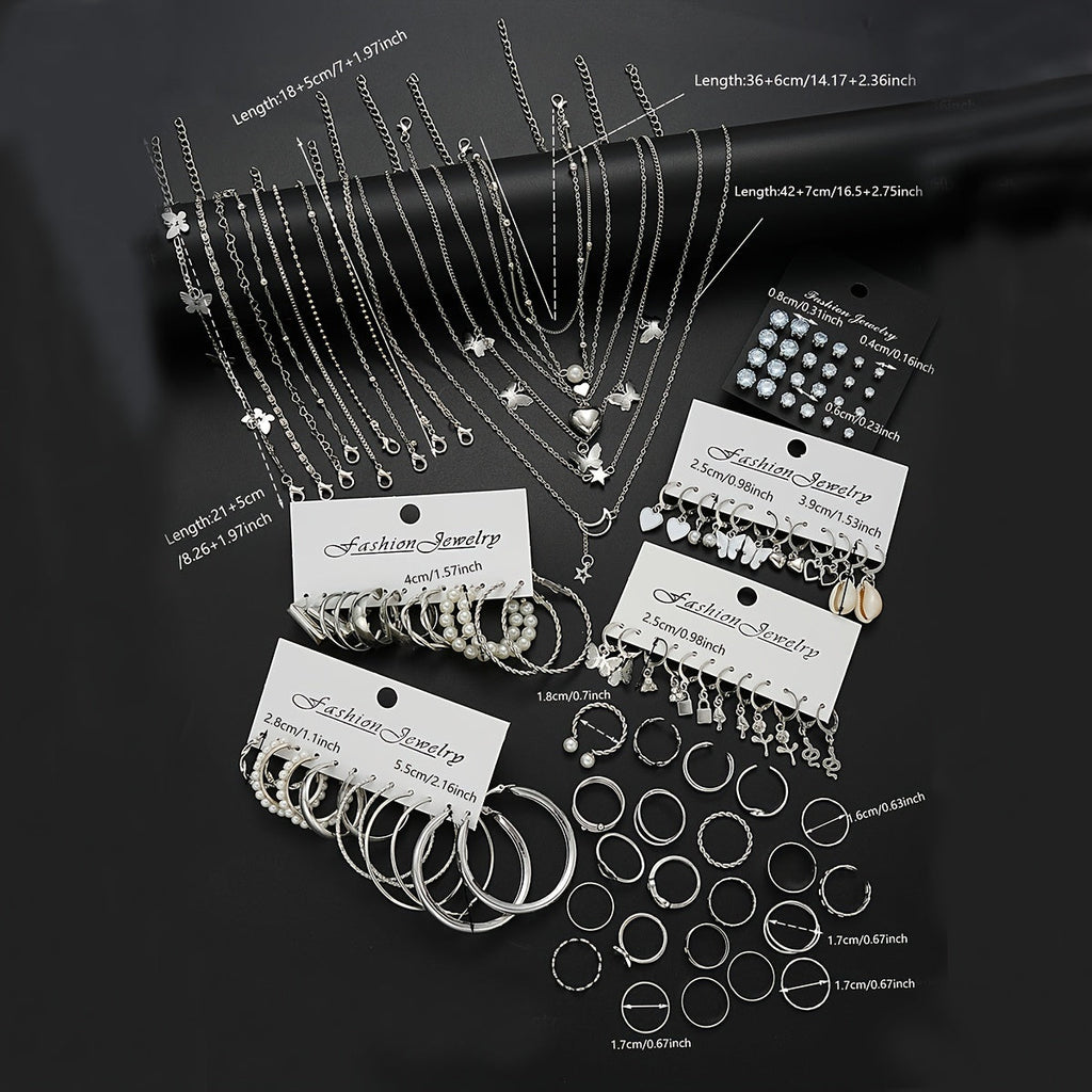 108pcs Women Jewelry Set Vintage Butterfly Heart Rhinestone Necklace Bracelet Anklet Ring Earrings Bundle Multi-Layer Chains Silver Fashion Jewelry Gift for Her