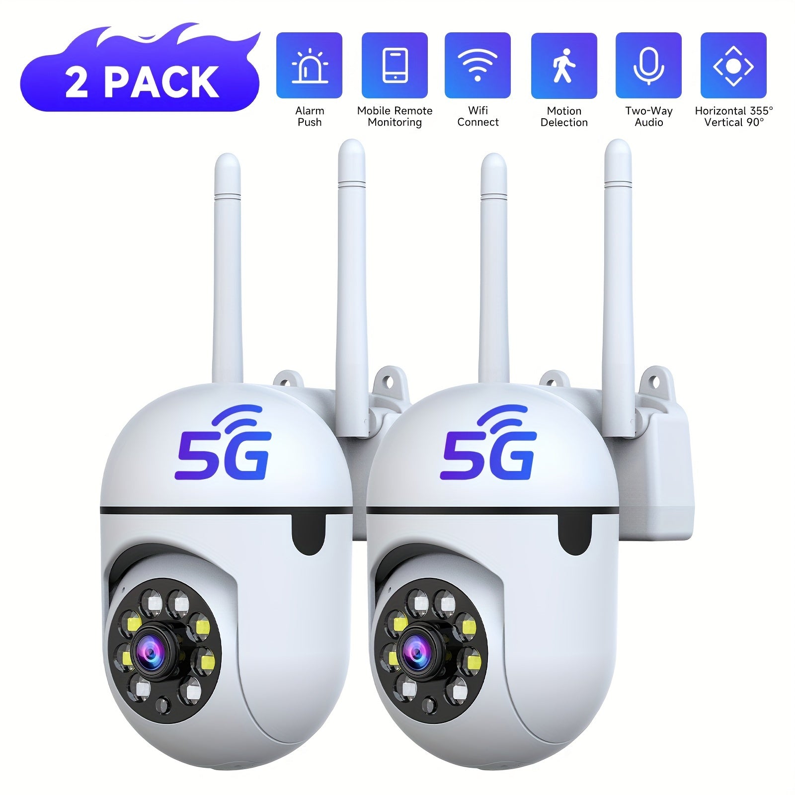 2-Pack 2K QHD WiFi Security Camera PTZ 355° Pan – Dual-Band 2.4G/5G AI Motion Detection & Tracking Color Night Vision Two-Way Audio Cloud & SD Storage Baby Pet Monitor Indoor Home Surveillance