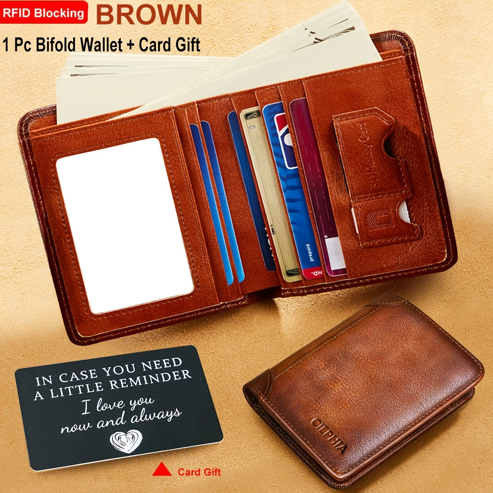 RFID Blocking Genuine Leather Wallet Men Trifold Cowhide Vintage 9 Card Slots 2 ID Windows Money Clip Cash Slots Father's Day Birthday Gift for Dad Husband Brown Black Blue
