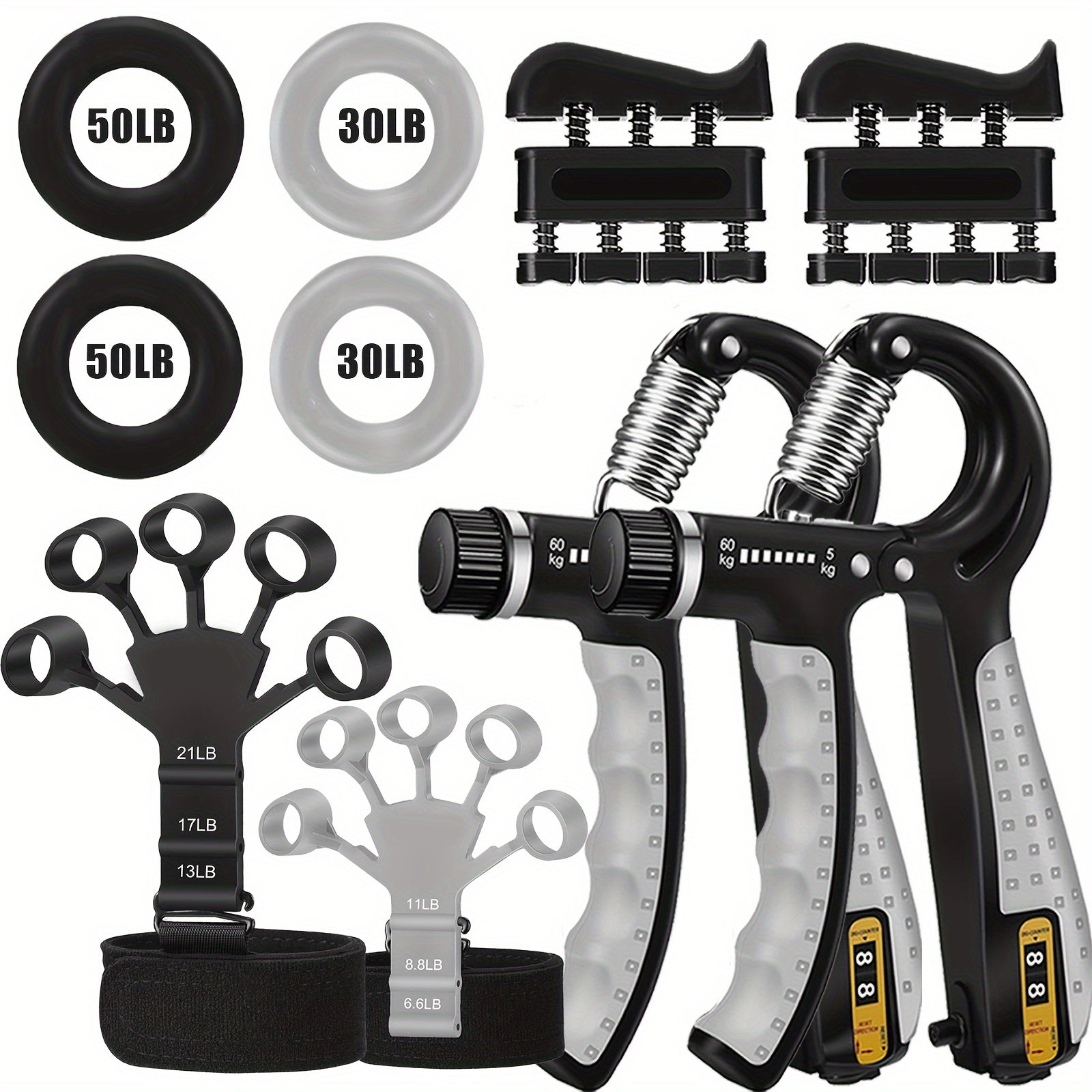 Grip Strength Training Set 4-Piece – Forearm Gripper, Finger Exerciser, Hand Strength Ring & Finger Stretcher with Wrist Strap for Men Women Athletes